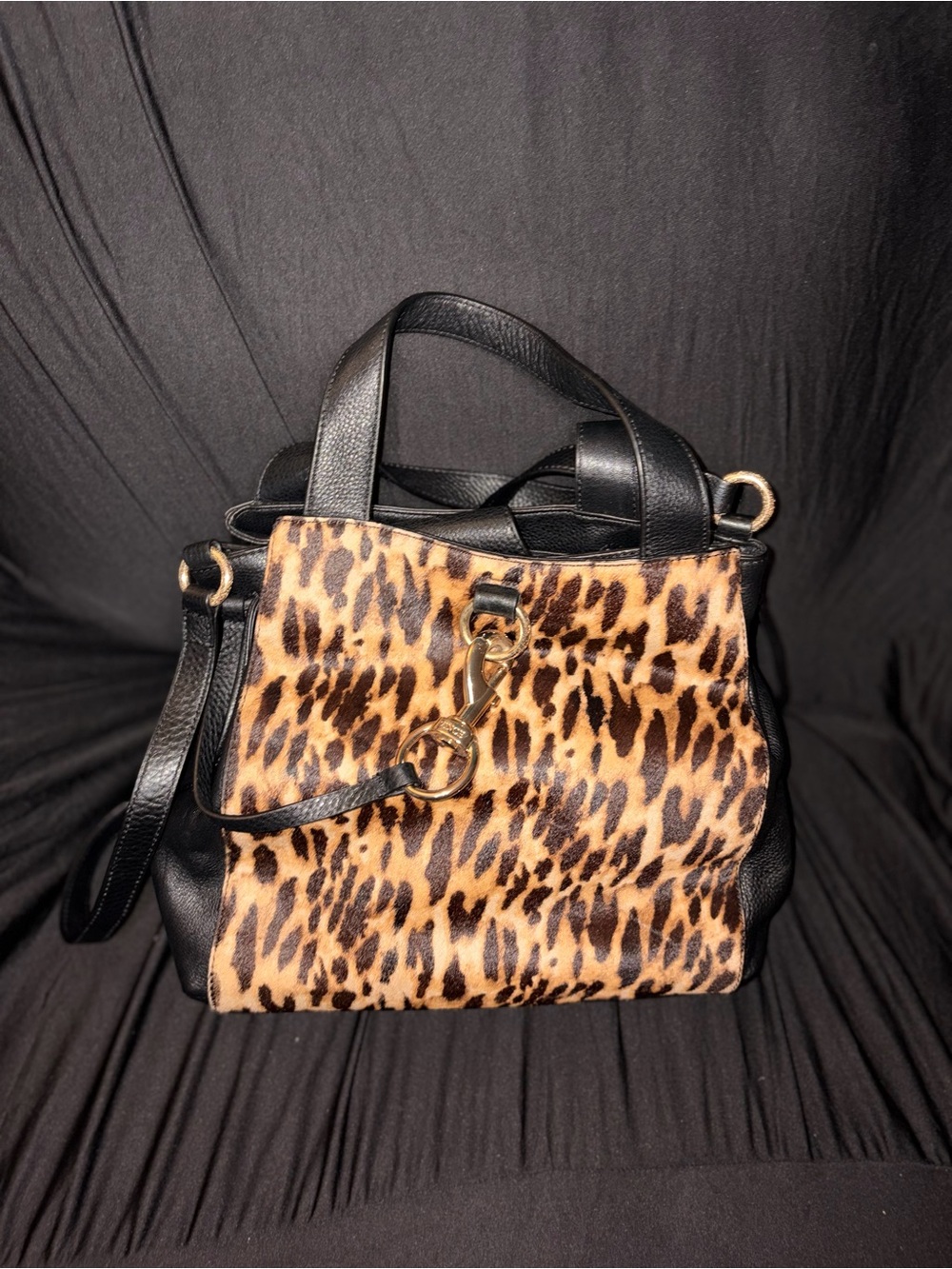 Leopard Print Faux Fur Tote Bag with Black Leather Trim